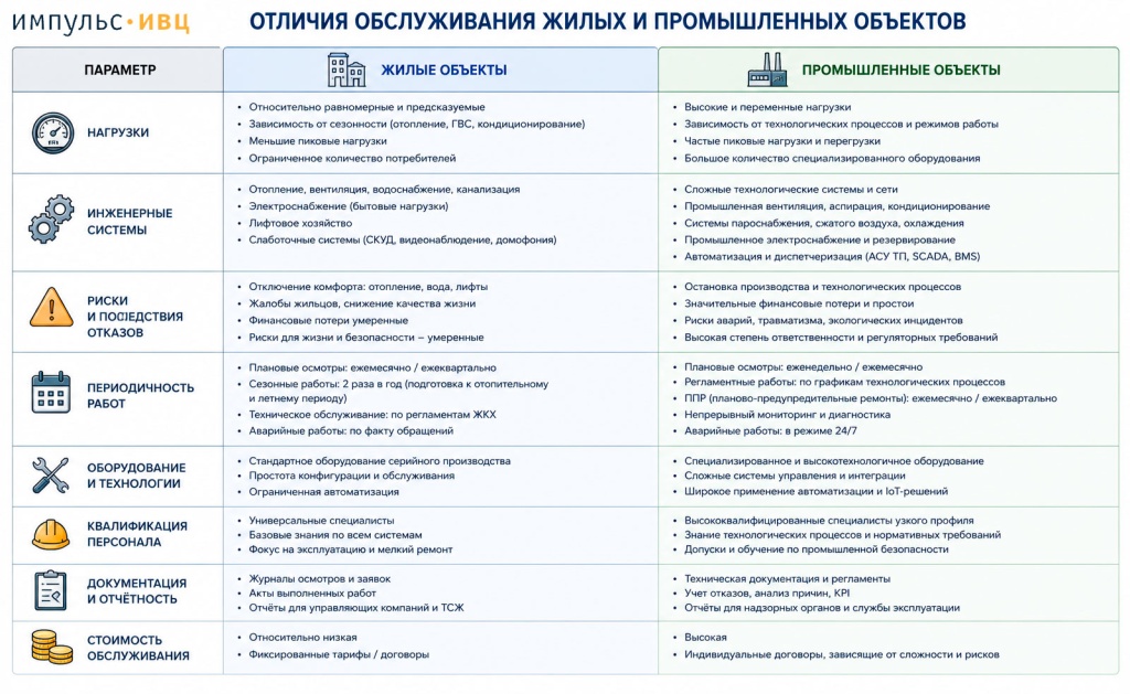 Отличия обслуживания жилых и промышленных объектов